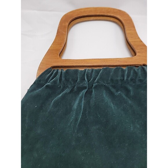 Vintage Holiday Fair Green Canvas Bag Purse Floral Embroidery Wood Handles - Picture 14 of 16